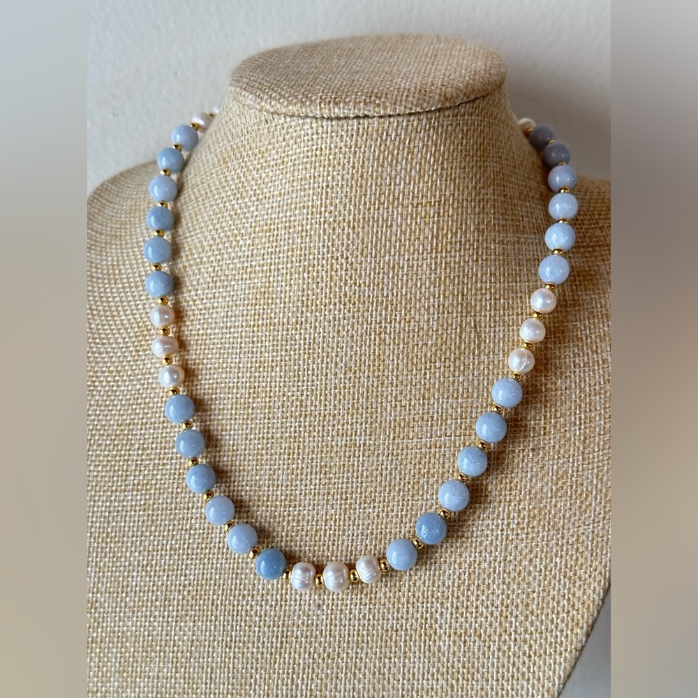 Genuine Cultured Pearls and aquamarine beaded necklace, 18 inches